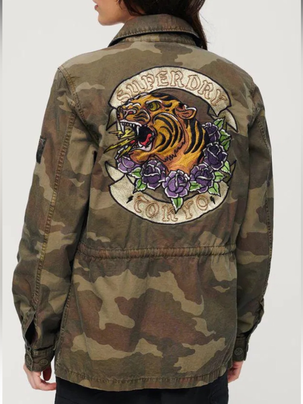 Superdry Embroidered Tiger Back Patch Military Field Jacket Camo Women’s Size 8